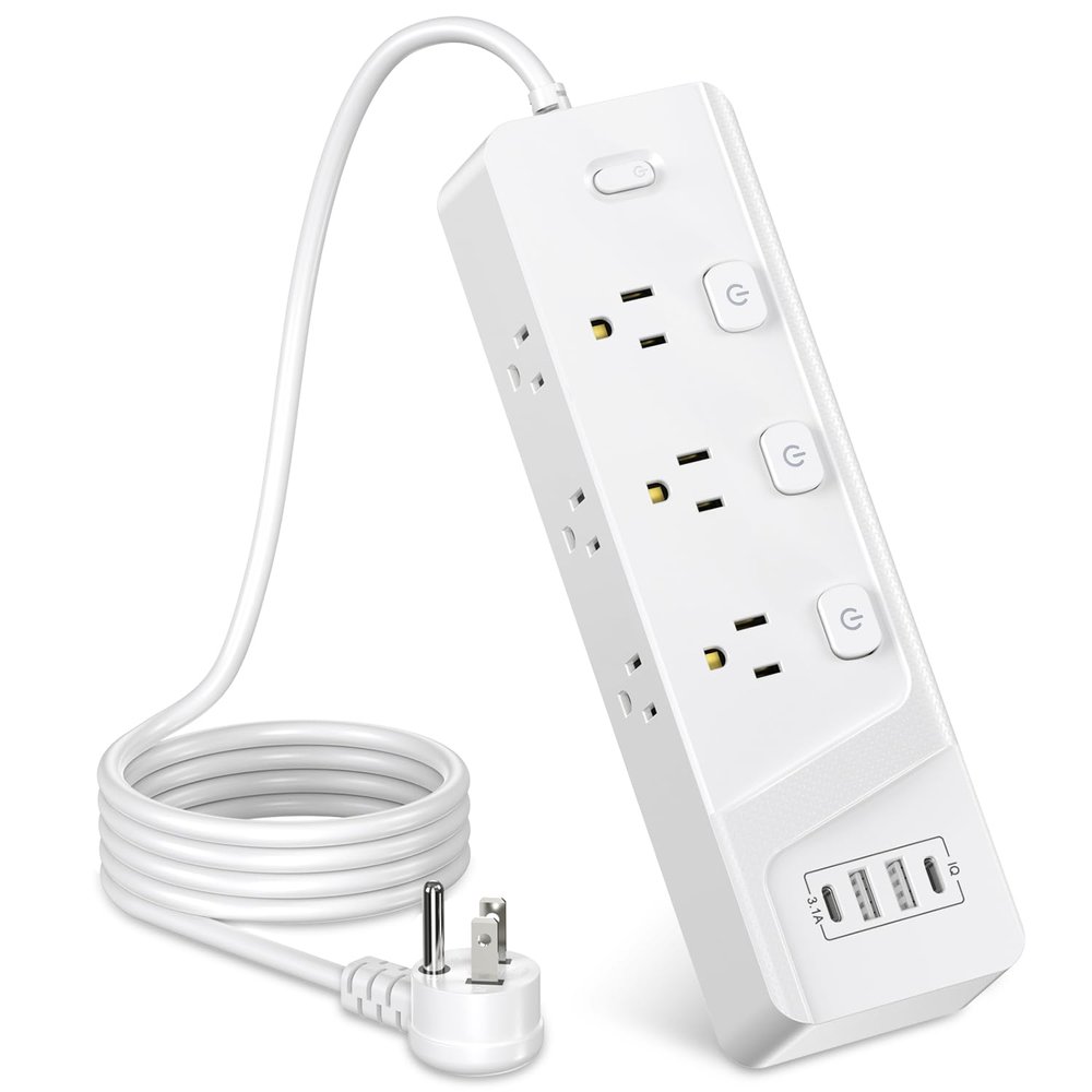 HITRENDS Power Strip with 6 AC Outlets and 4 USB Ports (2 USB-A & 2 USB-C), Dual Control Switches, 6 Ft Flat Plug Extension Cord with Multiple Outlets, Overload Protection, 10A/1250W, White 