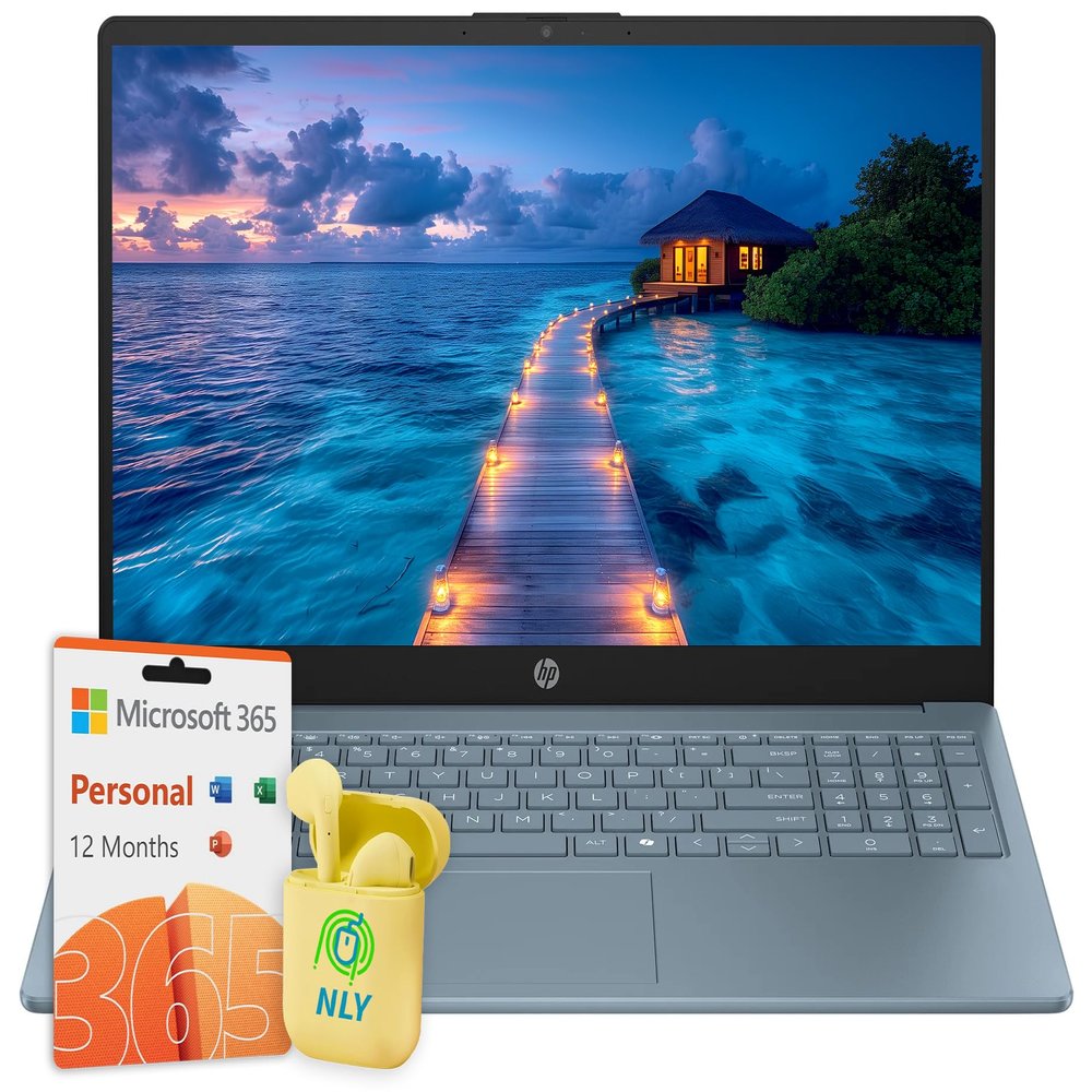 HP 15.6" LED Business Laptop Computer, Intel N200 Processor (Beats Intel Celeron N4120), 16GB RAM 128GB UFS, Windows 11 Home S with 1-Year Microsoft Office 365, NLY Earphones, Moonlight Blue