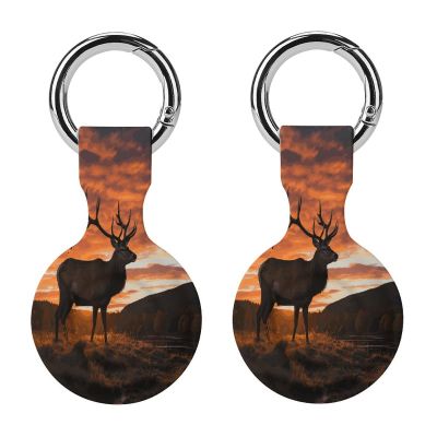 Compatible with Air Tag Keychain Holder,Red Deer Bull Elk Sunsetprinted Silicone for AirTags Cases for Apple for AirTag GPS Item Finders Accessories 2Pack