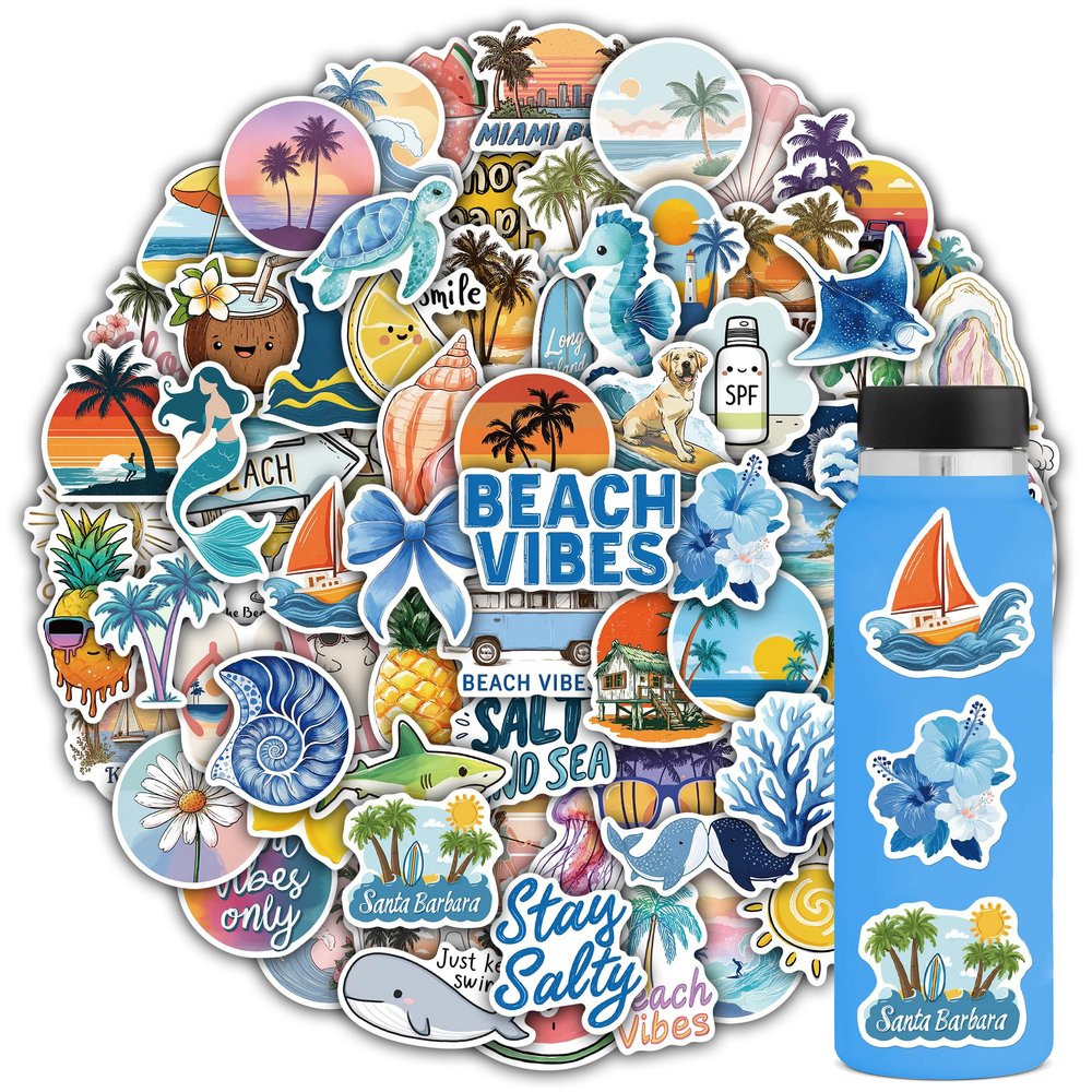 102PCS Cute Ocean Beach Stickers,Aesthetic Stickers Waterproof Vinyl Decal for Girl Teen Adult Student Water Bottle Laptop Phone Computer Skateboard Luggage Notebook