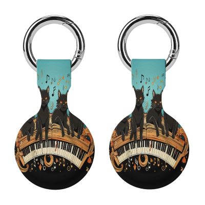 Compatible with Air Tag Keychain Holder,Four Black Cats Lying on The Piano Keyboardprinted Silicone for AirTags Cases for Apple for AirTag GPS Item Finders Accessories 2Pack