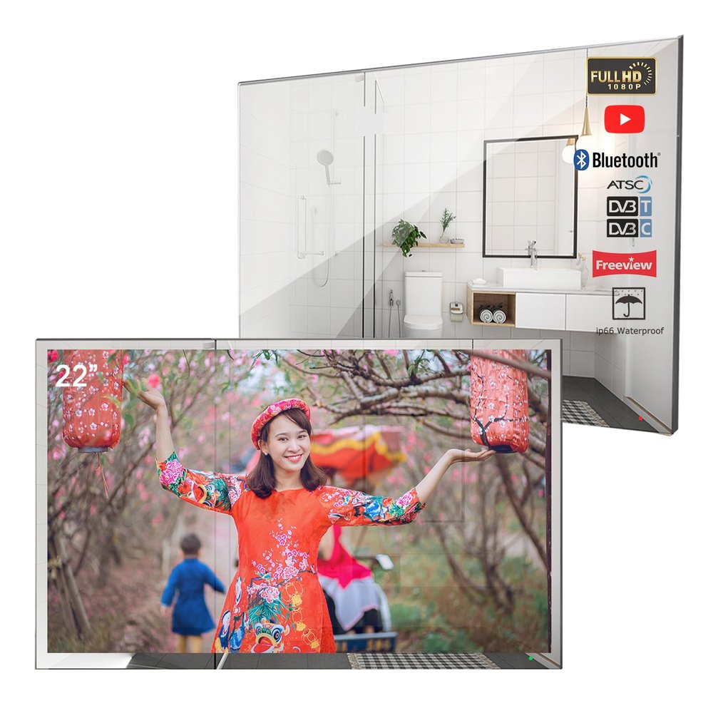 Soulaca 22 Inches Smart Mirror TV for Bathroom Android System, Waterproof Wall Mounted Built-in WiFi & Bluetooth Vanity Mirror Display ATSC Tuner New
