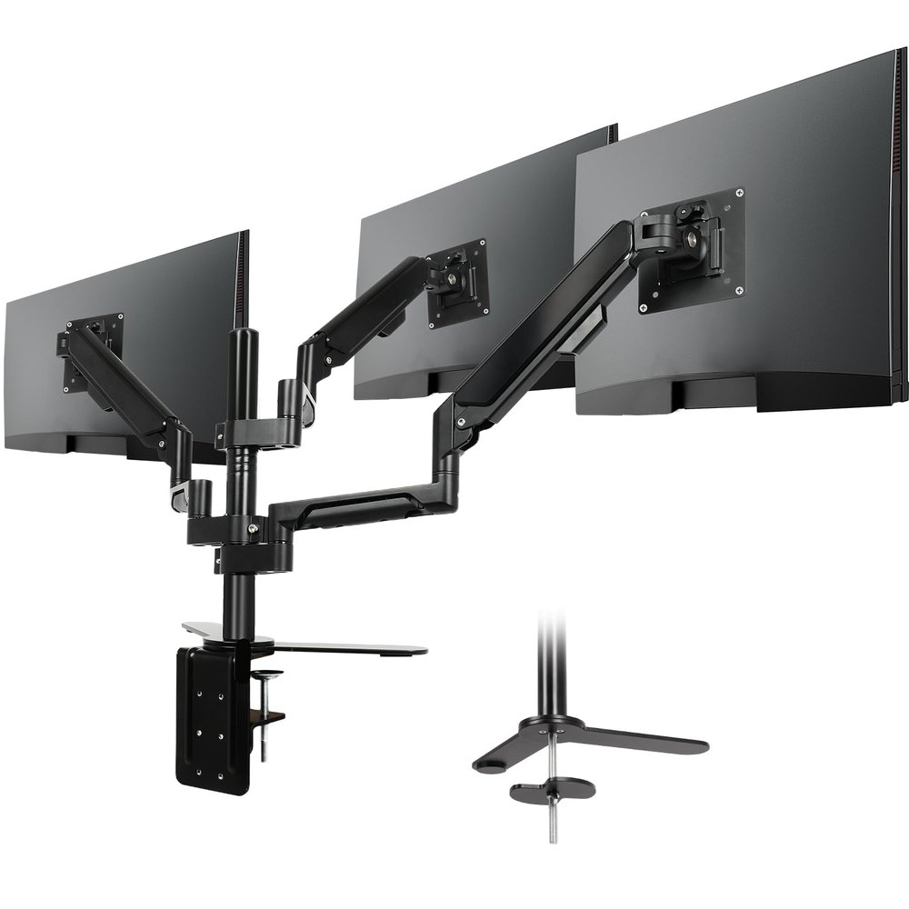3 Monitor Desk Mount with Full Motion Articulating Arms,Triple Monitor Mount for 17-32 inch Screens,Adjustable Height/Tilt/Swivel, Heavy Duty Clamp/Grommet Base (75x75 or 100x100 VESA Mount)