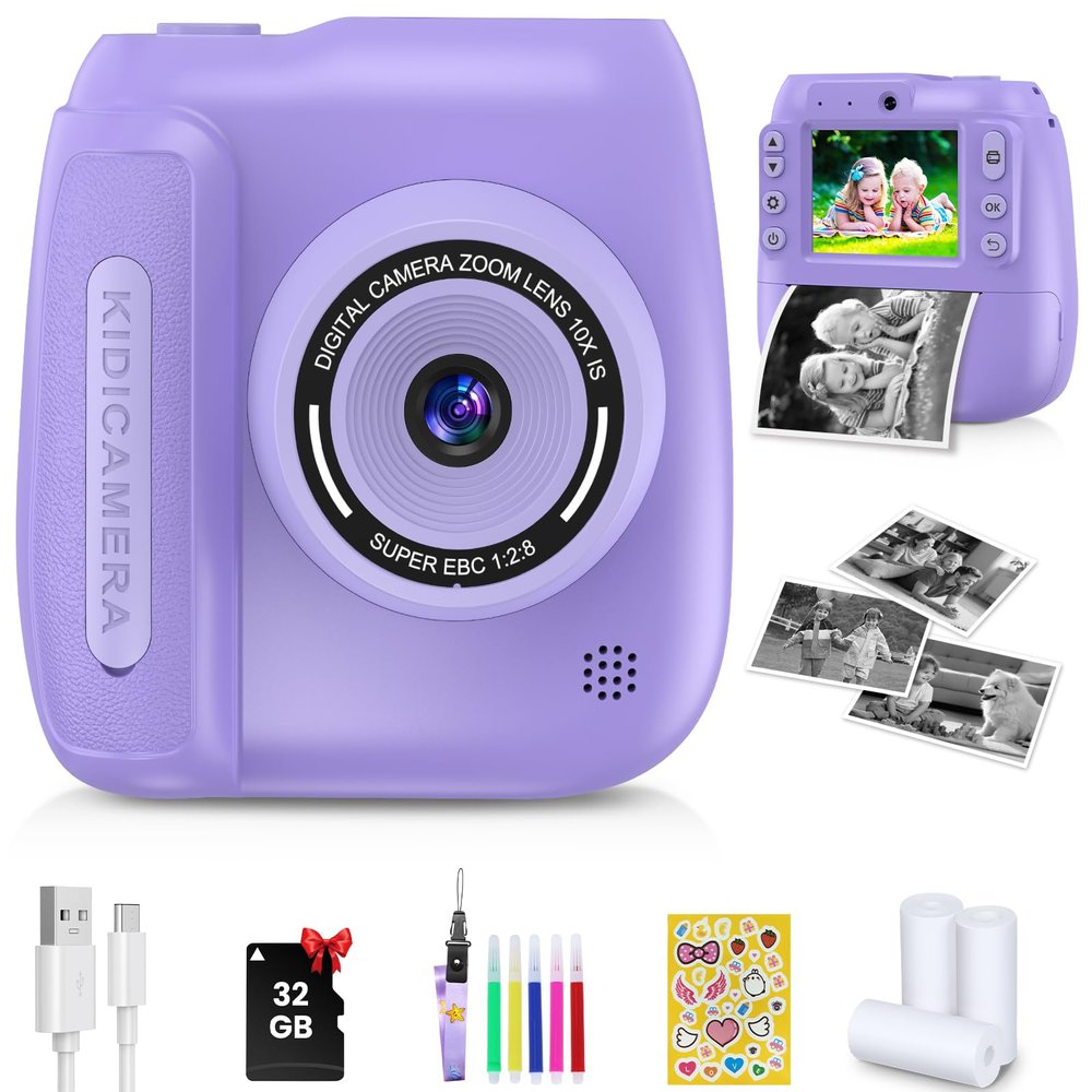 Instant Camera, Kids Camera Instant Print with 2.4 Inch Screen, Christmas Birthday Gifts for Girls Boys Age 3-12, Toddler Digital Print Toy for 3 4 5 6 7 8 9 10 Year Old, Front Rear Dual Selfie,Purple