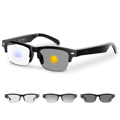 GenXenon Smart Glasses for Women Men, Anti-blue Light Photochromic Lenses, Open-ear Half-frame Design, 26.1g Lightweight Music Eyeglasses, Bluetooth Sunglasses with Speakers for Travel Sports Business