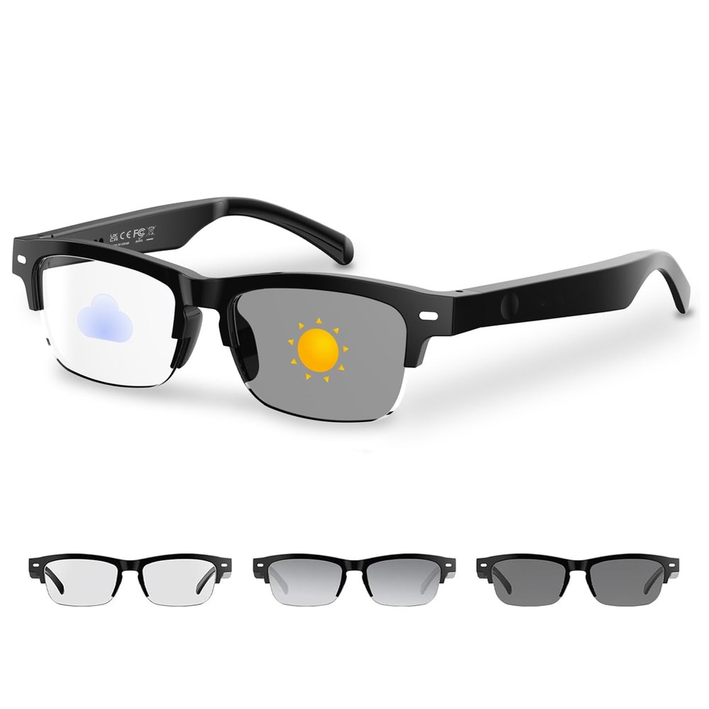 GenXenon Smart Glasses for Women Men, Anti-blue Light Photochromic Lenses, Open-ear Half-frame Design, 26.1g Lightweight Music Eyeglasses, Bluetooth Sunglasses with Speakers for Travel Sports Business