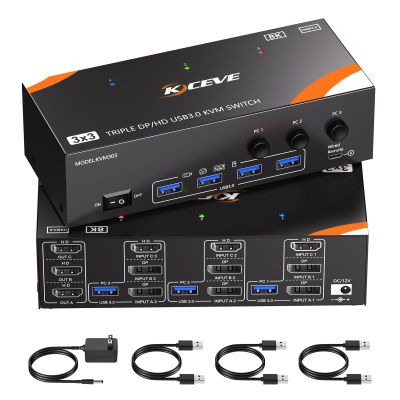 KVM Switch 3 Monitors 3 Computers 8K@60Hz/4K@120Hz, HDMI DP KVM Switches for 3 PC Sharing Triple Monitor and Keyboard Mouse with Power Adapter, Wired Extend Controller and USB3.0 Cables