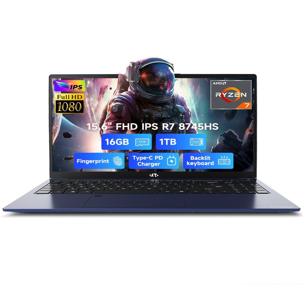 NIMO 15.6" IPS FHD-Gaming-Laptop, AMD Ryzen 7 8745HS 16GB DDR5 RAM 1TB SSD (Beat R9 6900HX, up to 4.9GHz) Radeon 780M Graphics Business Computer with 100W Type-C Backlit Keyboard, Fingerprint