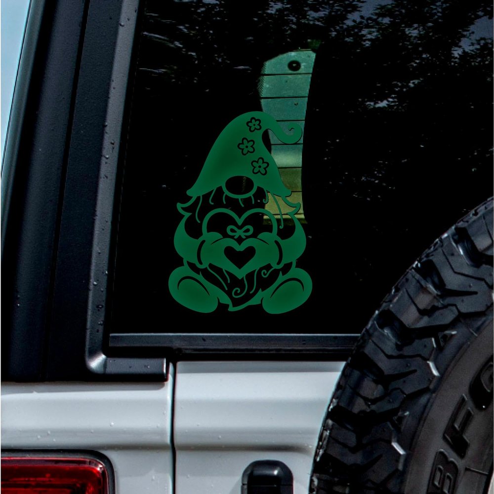 (2 Pcs Green 4.8'' x 6.8'') - No Background - Waterproof of gnome and Heart Sticker Decal for Laptops, Water Bottles, Cars, Trucks, Wall Ideal Gift - 925VER1K15172GR