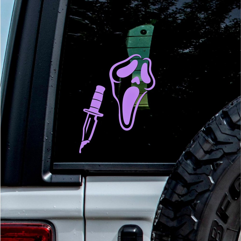 (2 Pcs Lavender Purple 3.8'' x 4.9'') - No Background - Waterproof of Scream Ghost Face Sticker Decal for Laptops, Water Bottles, Cars, Trucks, Wall Ideal Gift - 925VER1K15021LA