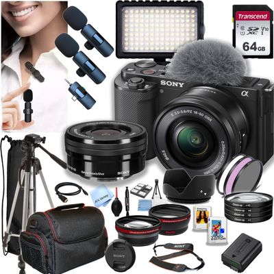 Sony ZV-E10 Mirrorless Camera with 16-50mm Lens + 64GB Memory,Wireless Lavalier Microphones, 126 LED Light, Filters,Case, Tripod, and More (34pc Bundle)