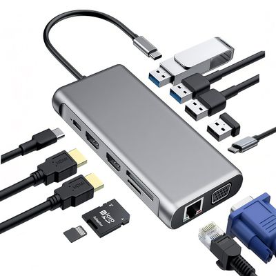 12-in-1 USB C Docking Station with Dual HDMI, 4K@60Hz, Gigabit Ethernet, 100W PD, USB 3.0/2.0, SD/TF Card Reader - for Laptops with Type C Port