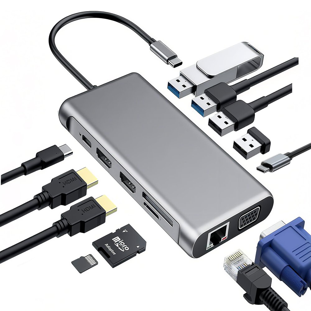 12-in-1 USB C Docking Station with Dual HDMI, 4K@60Hz, Gigabit Ethernet, 100W PD, USB 3.0/2.0, SD/TF Card Reader - for Laptops with Type C Port