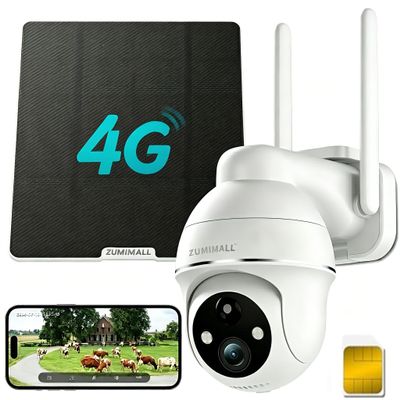 ZUMIMALL 4G LTE Cellular Security Camera, No WiFi Outdoor Camera Wireless, Solar Powered Off Grid Cameras, 360 Live View, 2K Color Night Vision, PIR Motion Sensor, 2 Way Talk, Built in SIM Card