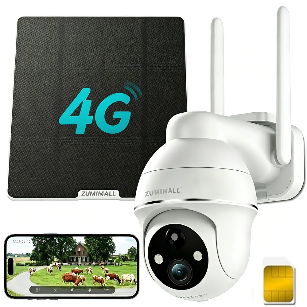 ZUMIMALL 4G LTE Cellular Security Camera, No WiFi Outdoor Camera Wireless, Solar Powered Off Grid Cameras, 360 Live View, 2K Color Night Vision, PIR Motion Sensor, 2 Way Talk, Built in SIM Card