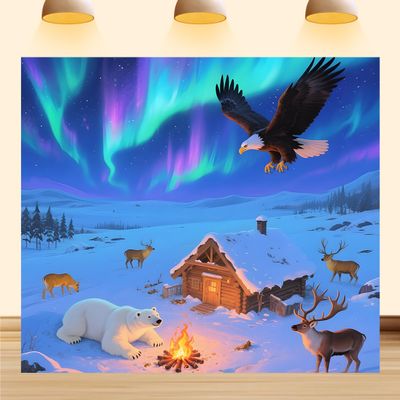 9X6ft Fabric Northern Lights Arctic Adventure Backdrop Polar Animals Wilderness Aurora Snow Campfire Camping for Photography Party Background Decorations Photo Props