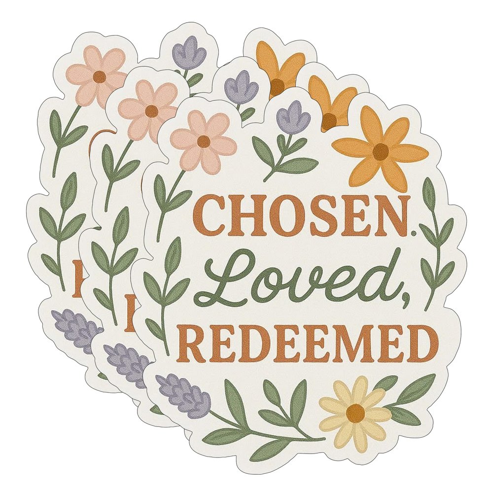 3pcs Chosen. Loved. Redeemed. Christian Vinyl Stickers  3x3in Waterproof Floral Faith Decals for Journals, Bibles, Water Bottles, Laptops