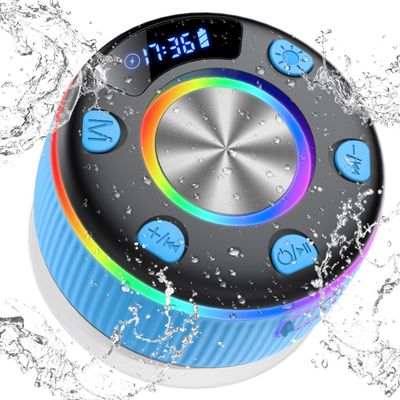 Bluetooth Shower Speaker, IP7 Waterproof Portable Bluetooth 5.3 Speakers with Suction Cup, Mini Wireless Speaker with RGB Lights Time Display, Loud Stereo Sound for Bathroom Beach Outdoor Party, Blue