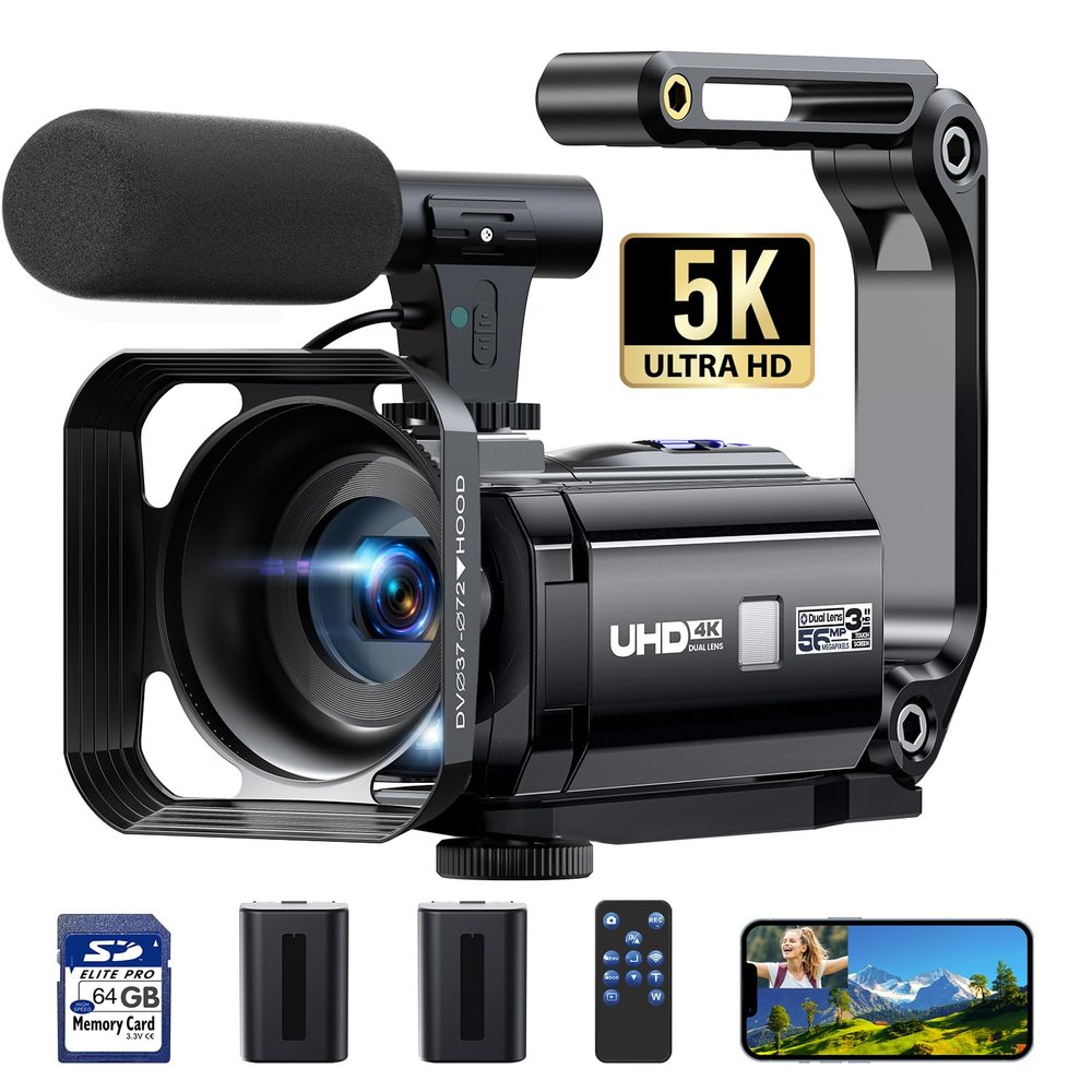 5K Camcorder Video Camera 56MP 16X Dual Lens Vlogging Camera for YouTube with WiFi & Night Vision, 3" 270 Touch Screen Cam corder - Includes 64GB SD Card, 2 Batteries, Tripod, Mic, Remote, Lens Hood