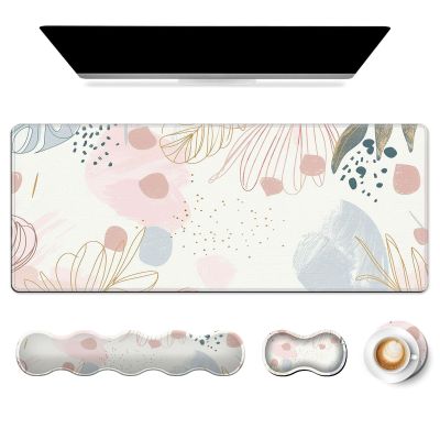 FXIANGWL 4 in 1 Large Gaming Mousepad, Coaster, Memory Foam Ergonomic Keyboard Mouse Wrist Rest, Non-Slip Rubber Base Stitched Edges Office Desk Mat Floral Print Pastel Pink Blue for Computer