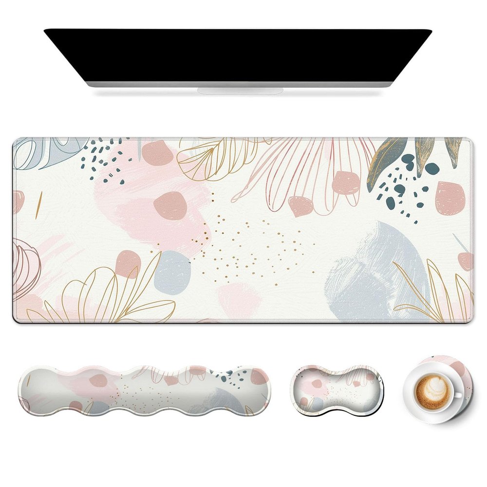 FXIANGWL 4 in 1 Large Gaming Mousepad, Coaster, Memory Foam Ergonomic Keyboard Mouse Wrist Rest, Non-Slip Rubber Base Stitched Edges Office Desk Mat Floral Print Pastel Pink Blue for Computer