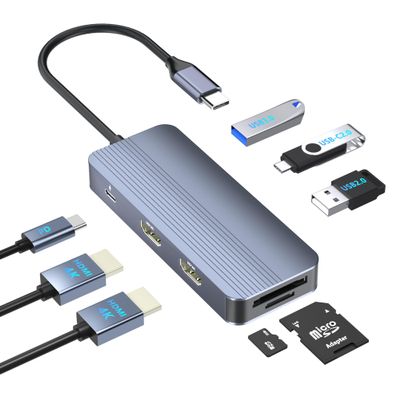 Docking Station Dual Monitor for Dell/HP/Lenovo Laptop, Dual HDMI Adapter for 2 Monitors, 8 in 1 USB C Docking Station with HD/USB/PD/SD/TF, HDMI Splitter for Dual Monitors Extended Display