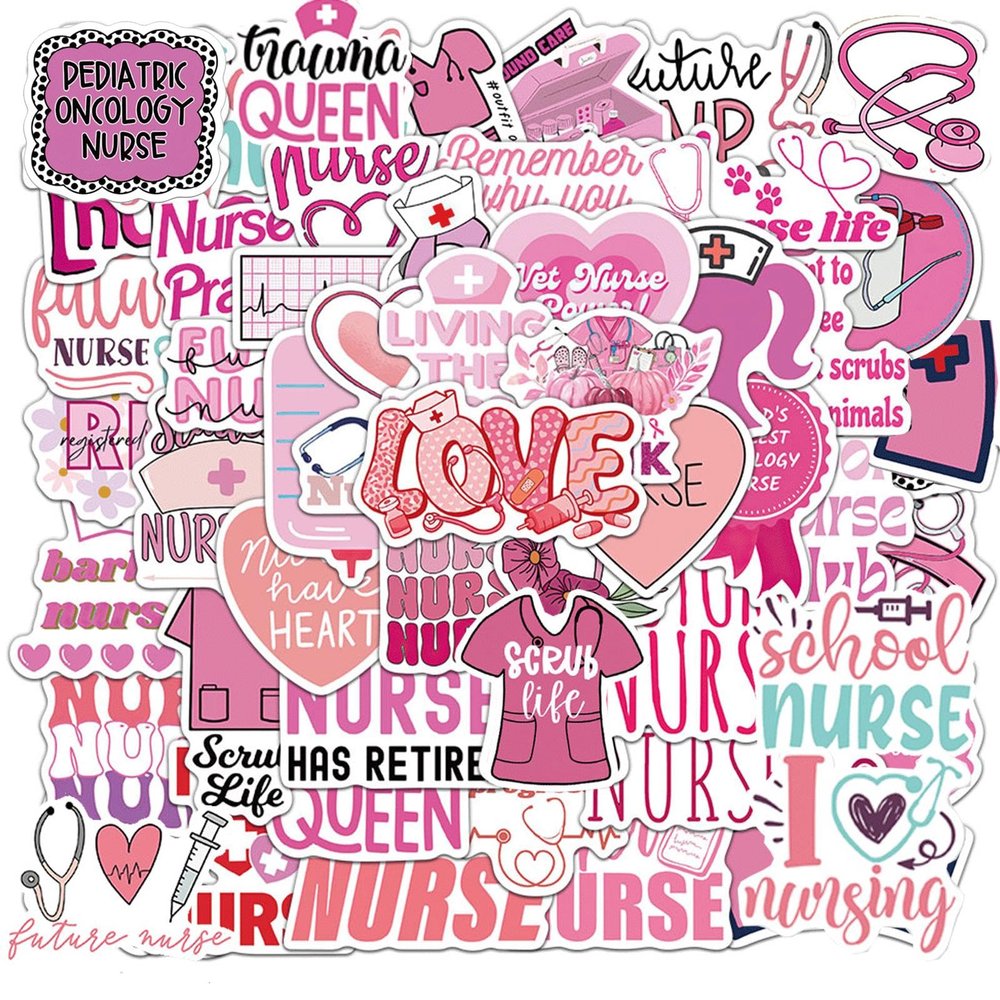 100 Pcs Nurse Stickers,Nurse Gifts,Vinyl Nursing Stickers DecalsSuitable for Laptops and Water Bottles,Keyboards,Backpacks,Cap,Scrapbooks,Nurses Accessories for WorkLove Pink