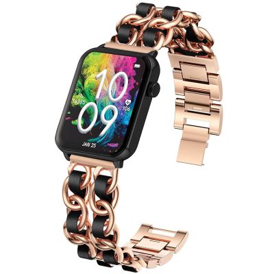 Compatible with Armitron Matrix Smartwatch bands, 20mm, 22mm Quick Release Jewelry Chain Metal Wristband with Leather Compatible with Armitron Connect Matrix, Link, Lunar, Boom, Eclipse Smartwatch (Rose Gold, 20mm size band)