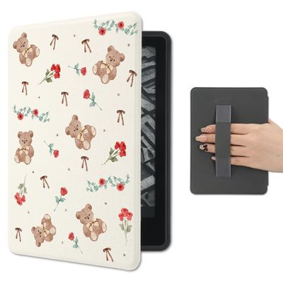 AdorableWhimsy Rose Bear Case for 6" Kindle 11th Generation (2024/2022) with Hand Strap Premium PU Leather Folio Cover Protective e-Reader Case with Auto Sleep/Wake