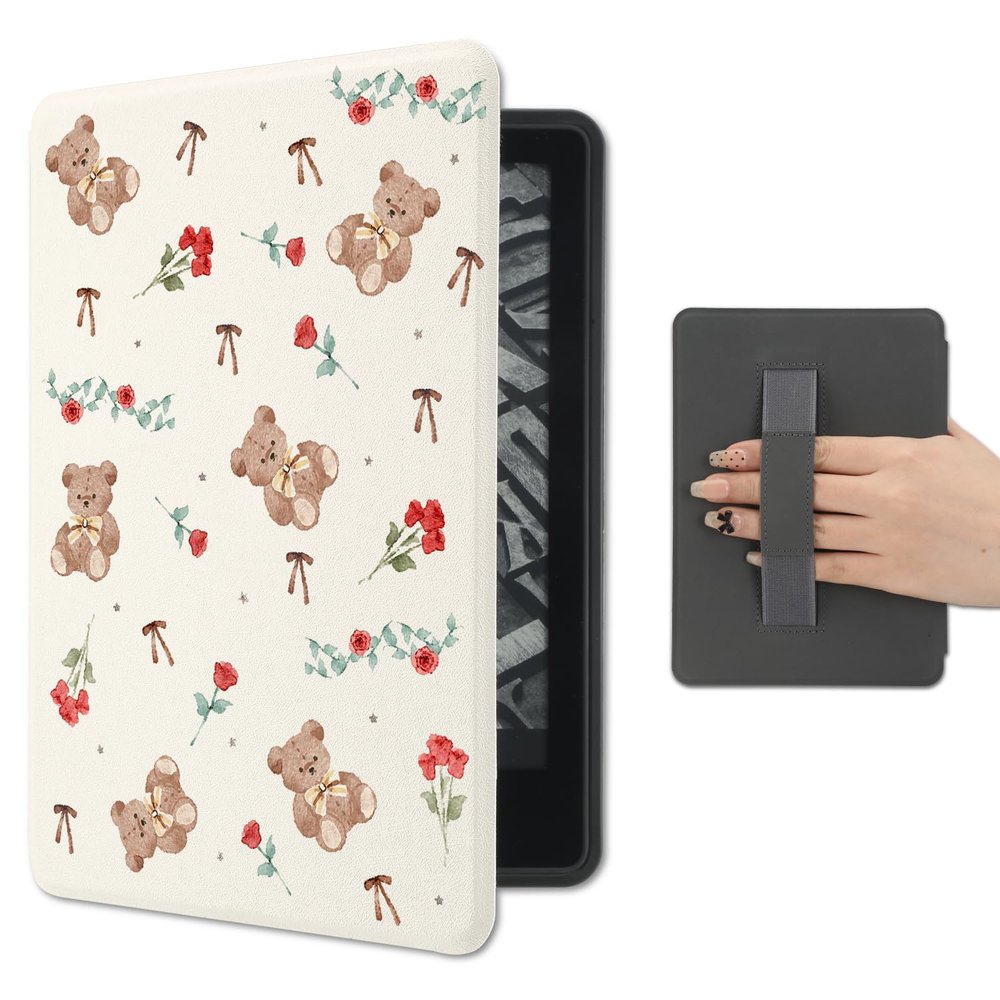 AdorableWhimsy Rose Bear Case for 6" Kindle 11th Generation (2024/2022) with Hand Strap Premium PU Leather Folio Cover Protective e-Reader Case with Auto Sleep/Wake