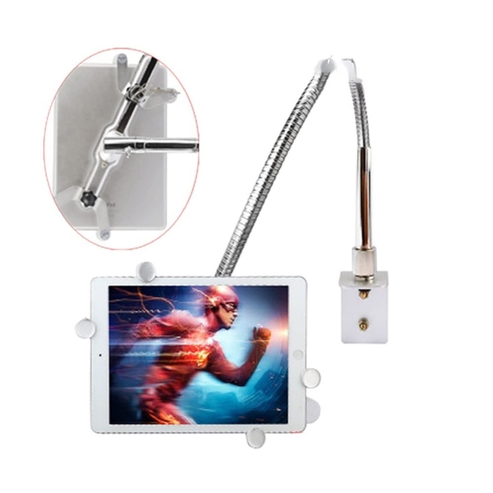 ADBWEKKF DL-TBM-L03 Universal 7" -10.6" Tablet Desktop Mount Wall Bracket with Safety Lock Goose Neck Pad Holder Silver Rotate Soft Tube
