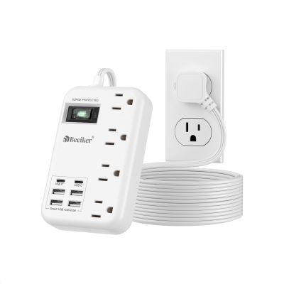 Beeiker 6 USB(2 USB C) Surge Protector Power Strip- 10 Ft Extension Cord with 24W USB Charging Station and 4 Outlets, Long Flat Extension Cord with Multiple Outlets for Travel Home Office Dorm White