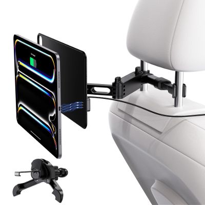KU XIU Magnetic Wireless Charging Car Headrest Tablet Holder for iPad Pro 11'' M4/M5 Only, Adjustable Long Arm Tablet Car Mount Back Seat for Kids, Road Trip Essentials Holder with Air Vent Stand
