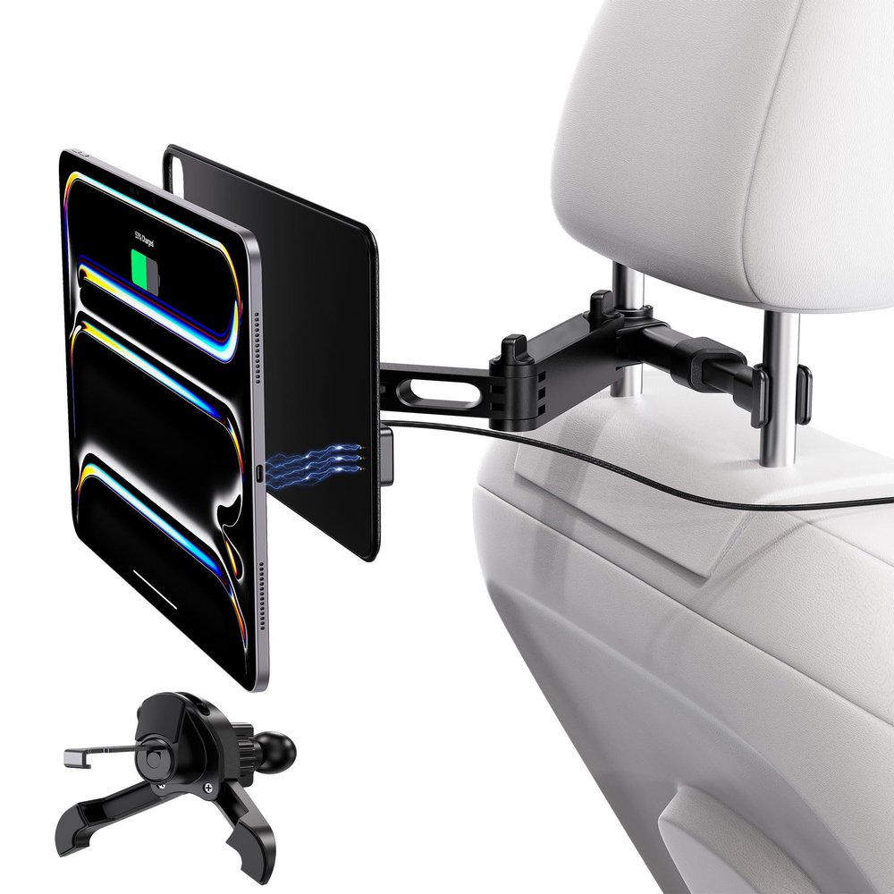 KU XIU Magnetic Wireless Charging Car Headrest Tablet Holder for iPad Pro 11'' M4/M5 Only, Adjustable Long Arm Tablet Car Mount Back Seat for Kids, Road Trip Essentials Holder with Air Vent Stand
