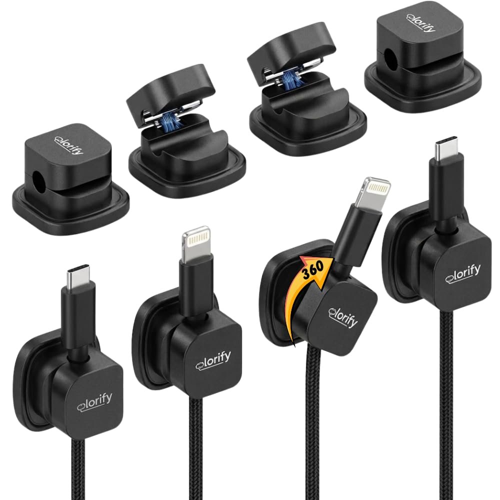 8 Pack Rotatable Cord Organizer Clips with Spring, Adhesive Charging Cords Holder for Desk, Nightstand, Laptop, Phone Charging Clips & Car Cable Management for Home & Office Use - Black