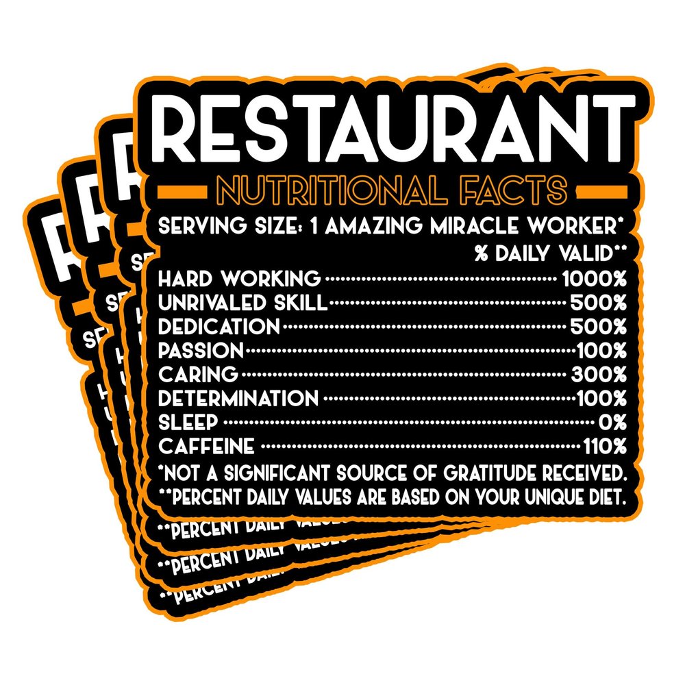 (4Pcs) Restaurant Vinyl Decal Sticker Nutritional Facts Quote for Laptops, Water Bottles, Cars, Bumpers, Toolboxes Gift for Coworker, Office, Birthday, Christmas Waterproof Vinyl, Easy Peel