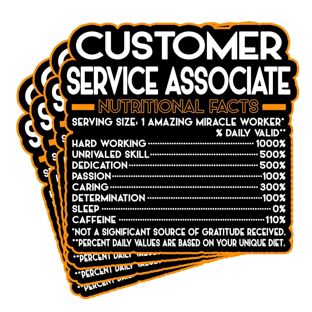 (4Pcs) Customer Service Associate Vinyl Decal Sticker  Nutritional Facts Quote for Laptops, Water Bottles, Cars  Gift for Coworker, Office, Birthday, Christmas  Waterproof Vinyl Sticker