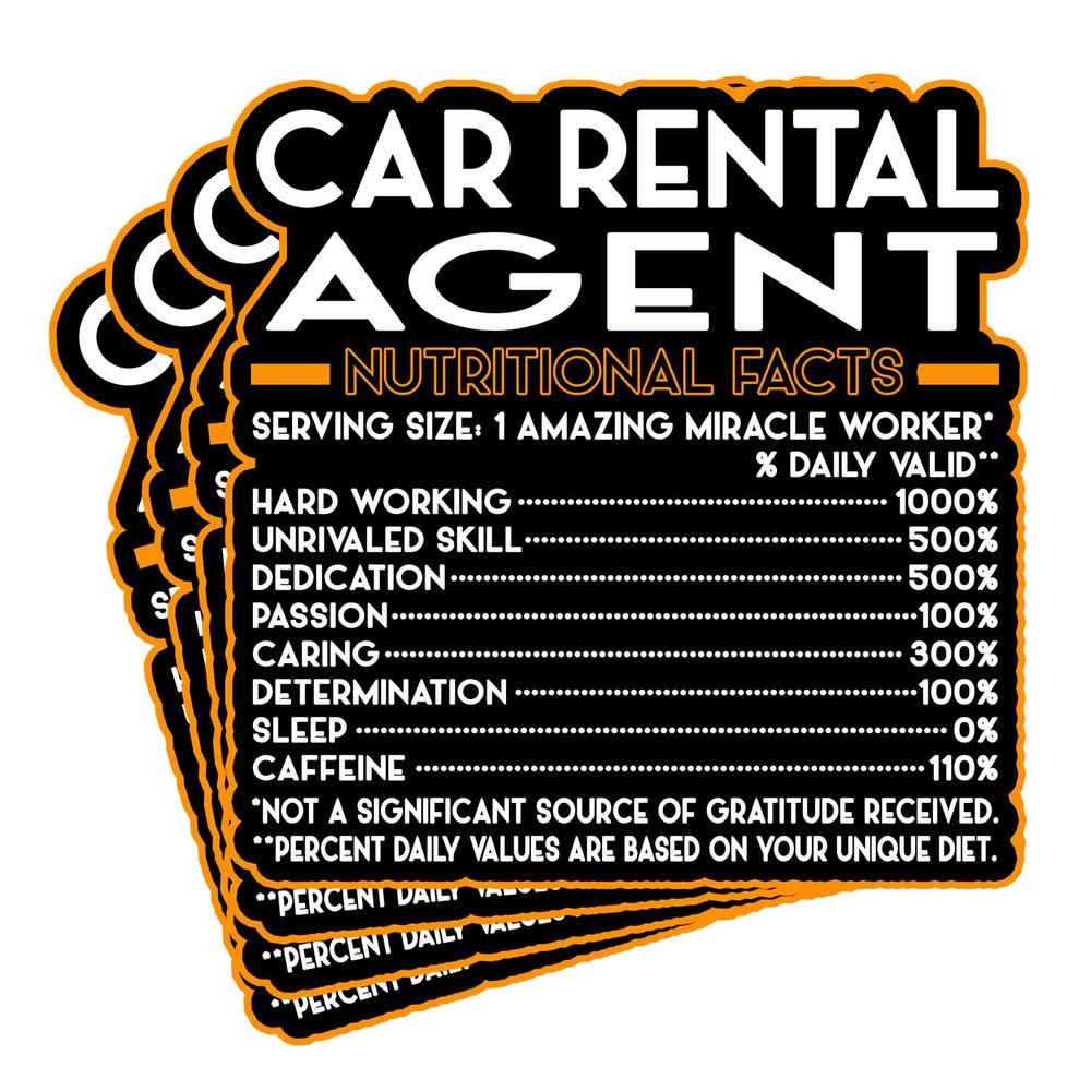 (4Pcs) Car Rental Agent Vinyl Decal Sticker  Nutritional Facts Quote for Laptops, Water Bottles, Cars, Bumpers, Toolboxes  Gift for Coworker, Office, Birthday, Christmas  Waterproof Vinyl Sticker