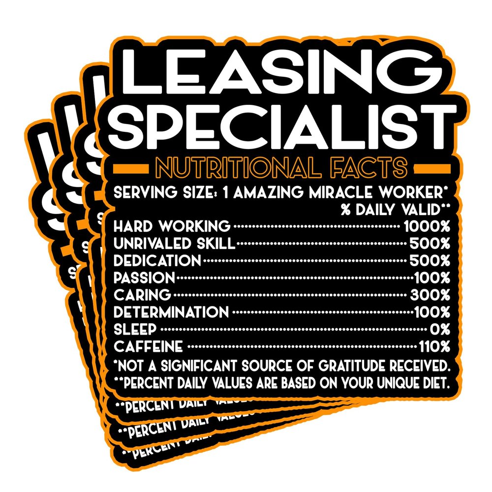 (4Pcs) Leasing Specialist Vinyl Decal Sticker Nutritional Facts Quote for Laptops, Water Bottles, Cars, Bumpers, Toolboxes Gift for Coworker, Office, Birthday, Christmas Waterproof Vinyl Sticker