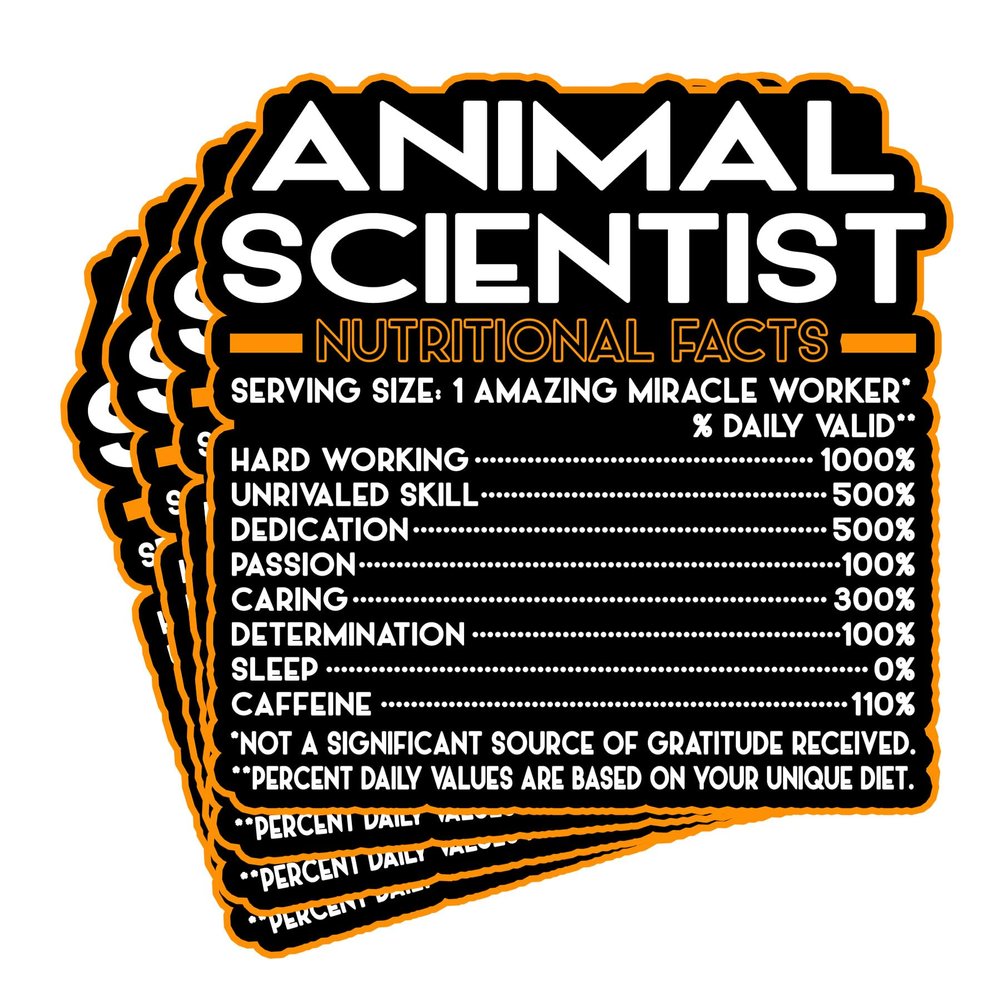 (4Pcs) Animal Scientist Vinyl Decal Sticker  Nutritional Facts Quote for Laptops, Water Bottles, Cars, Bumpers, Toolboxes  Gift for Coworker, Office, Birthday, Christmas  Waterproof Vinyl Sticker