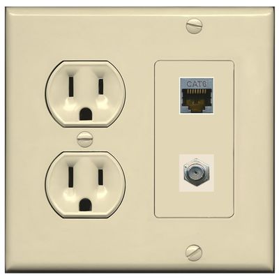 15 Amp Round Power Outlet 1 Port Cat6 Shielded 1 Coax Cable TV F-Type Wall Plate [Ivory/Ivory]