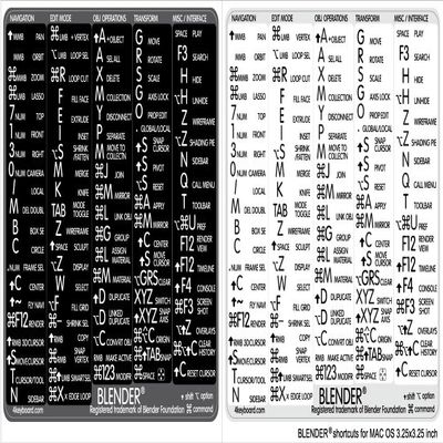 Blender Reference Keyboard Hotkeys Sticky Labels for Mac OS Black, White Background