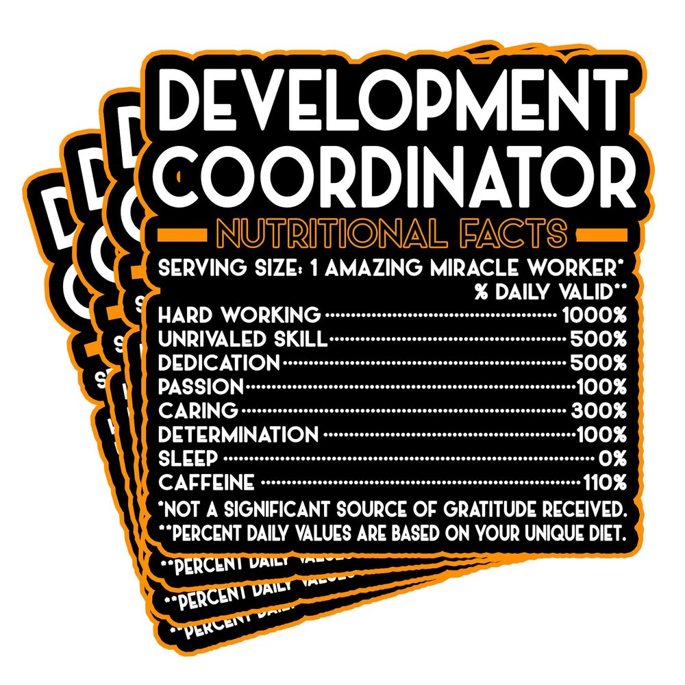 (4Pcs) Development Coordinator Vinyl Decal Sticker  Nutritional Facts Quote for Laptops, Water Bottles, Cars  Gift for Coworker, Office, Birthday, Christmas  Waterproof Vinyl Sticker
