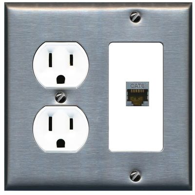 15 Amp Round Power Outlet 1 Port Cat6 Shielded Ethernet Wall Plate [Stainless/White]