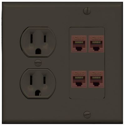 15 Amp Duplex Round Power Outlet 4 Port Cat6 Ethernet Wall Plate [Brown/Brown]
