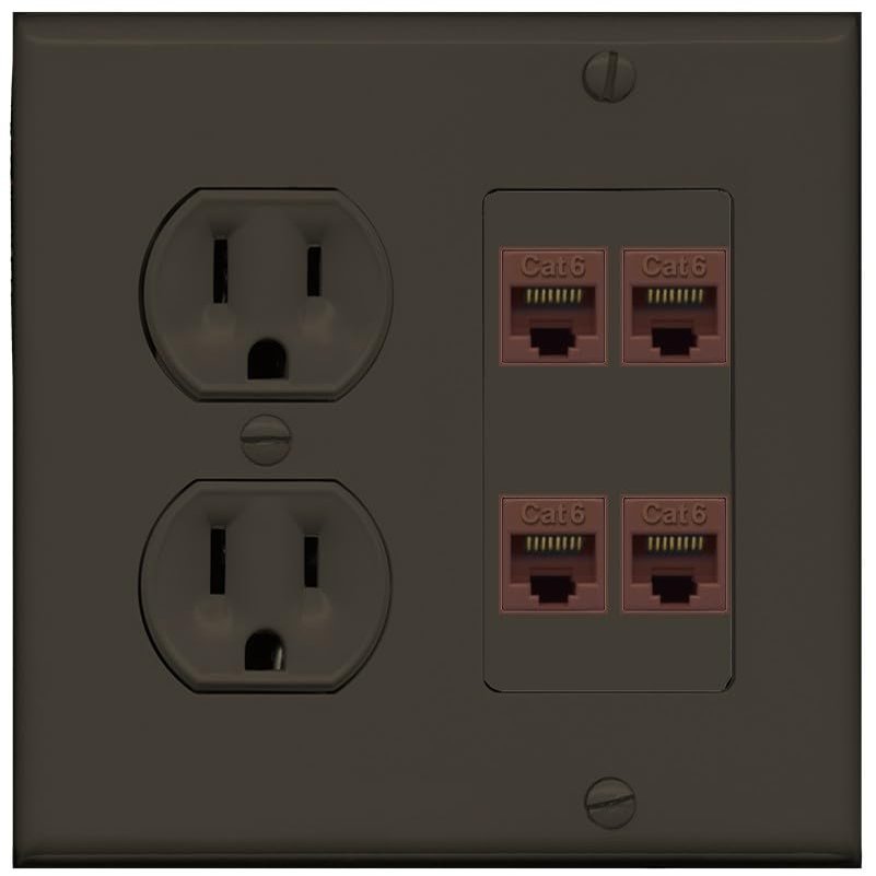 15 Amp Duplex Round Power Outlet 4 Port Cat6 Ethernet Wall Plate [Brown/Brown]
