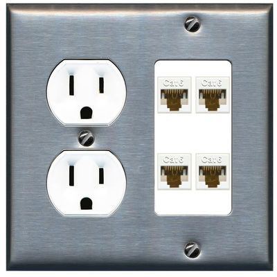 15 Amp Duplex Round Power Outlet 4 Port Cat6 Ethernet Wall Plate [Stainless/White]
