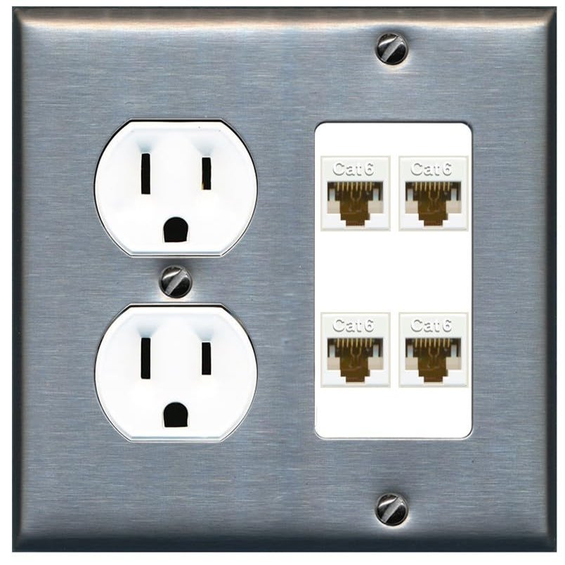 15 Amp Duplex Round Power Outlet 4 Port Cat6 Ethernet Wall Plate [Stainless/White]