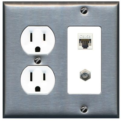 15 Amp Round Power Outlet 1 Port Cat5e Ethernet 1 Coax Cable-TV F-Type Wall Plate [Stainless/White]