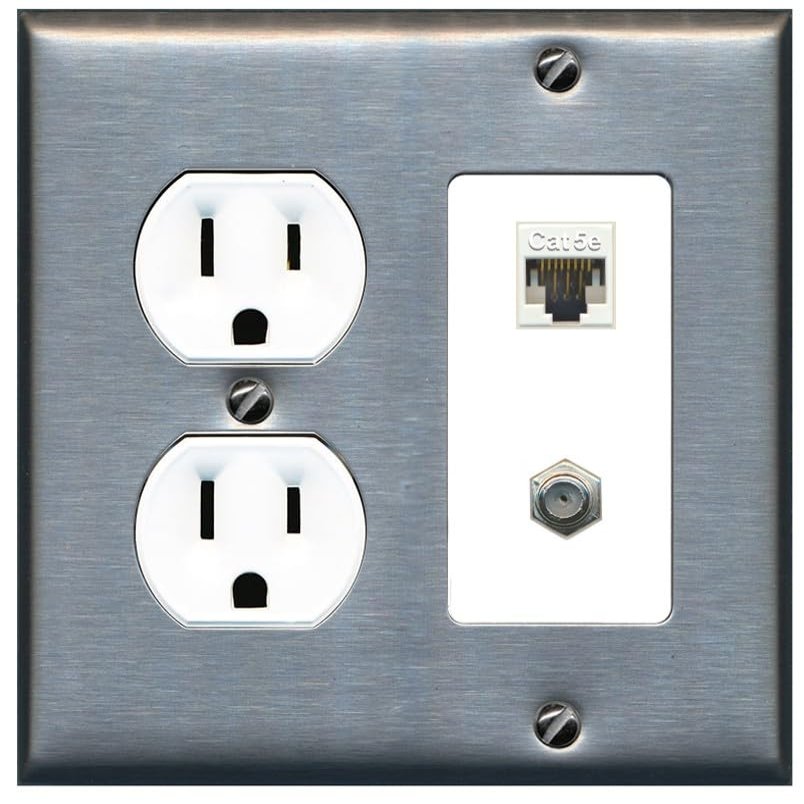 15 Amp Round Power Outlet 1 Port Cat5e Ethernet 1 Coax Cable-TV F-Type Wall Plate [Stainless/White]